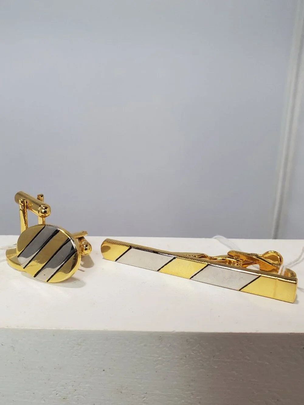 Two-Tone Gold and Silver Diagonal Striped Cufflinks & Tie Clip 3-Piece Set